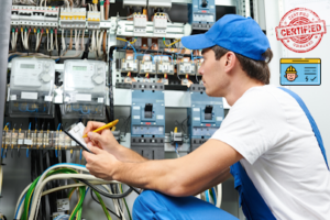 Certified Licensed Electrician checking electrical box for problems