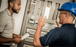 Licensed electrician explaining electrical repair and replacement options during a home safety inspection
