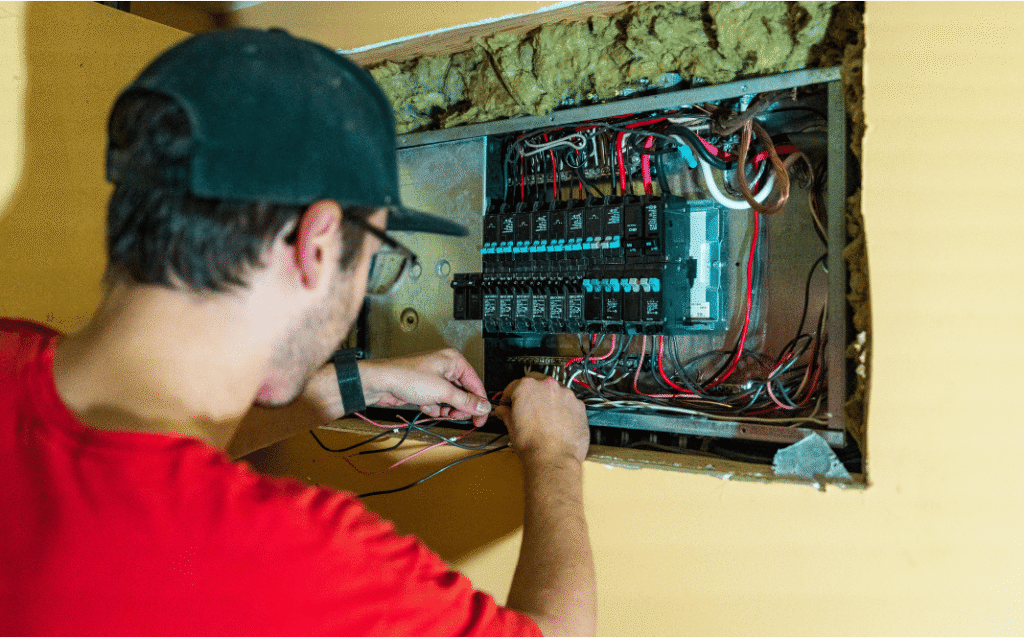 Licensed electrician inspecting a home electrical panel to determine whether repairs or replacement are needed